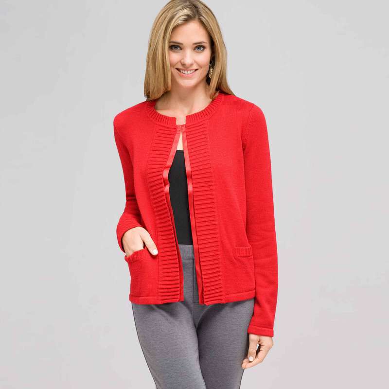 Rib Trim Cardigan, Firecracker, large