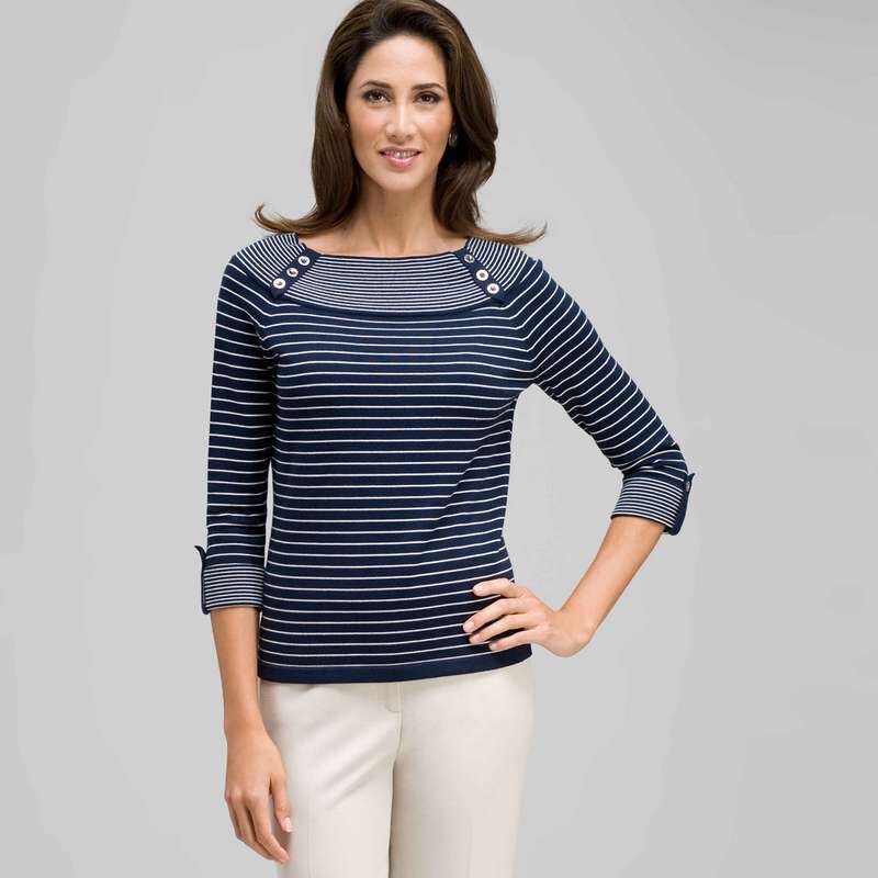 3/4 Sleeve Boat Neck Striped Knit, , large