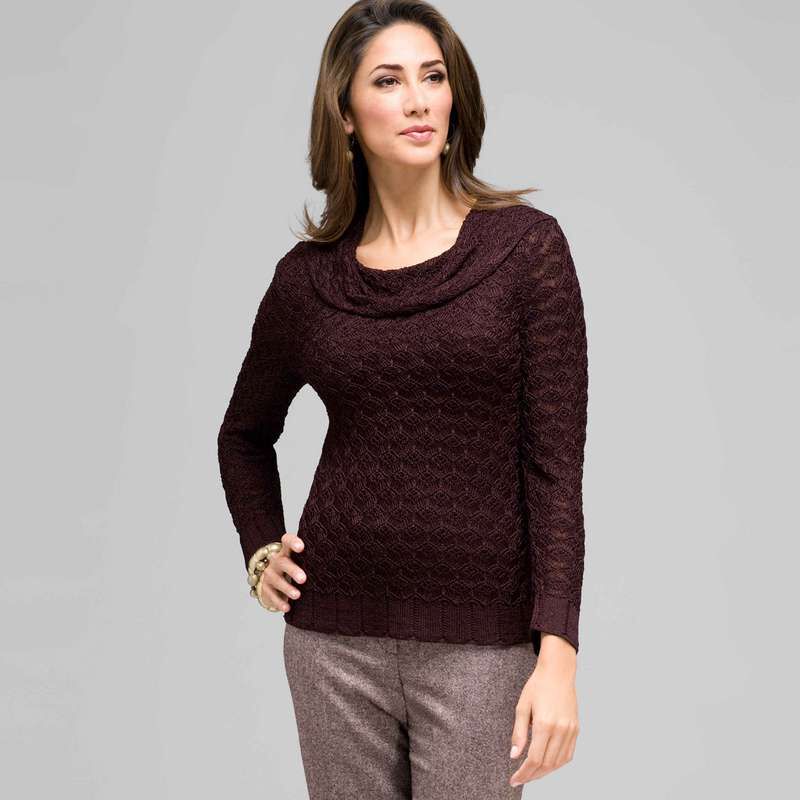 3/4 Sleeve Novelty Pointelle Cowl Neck, , large